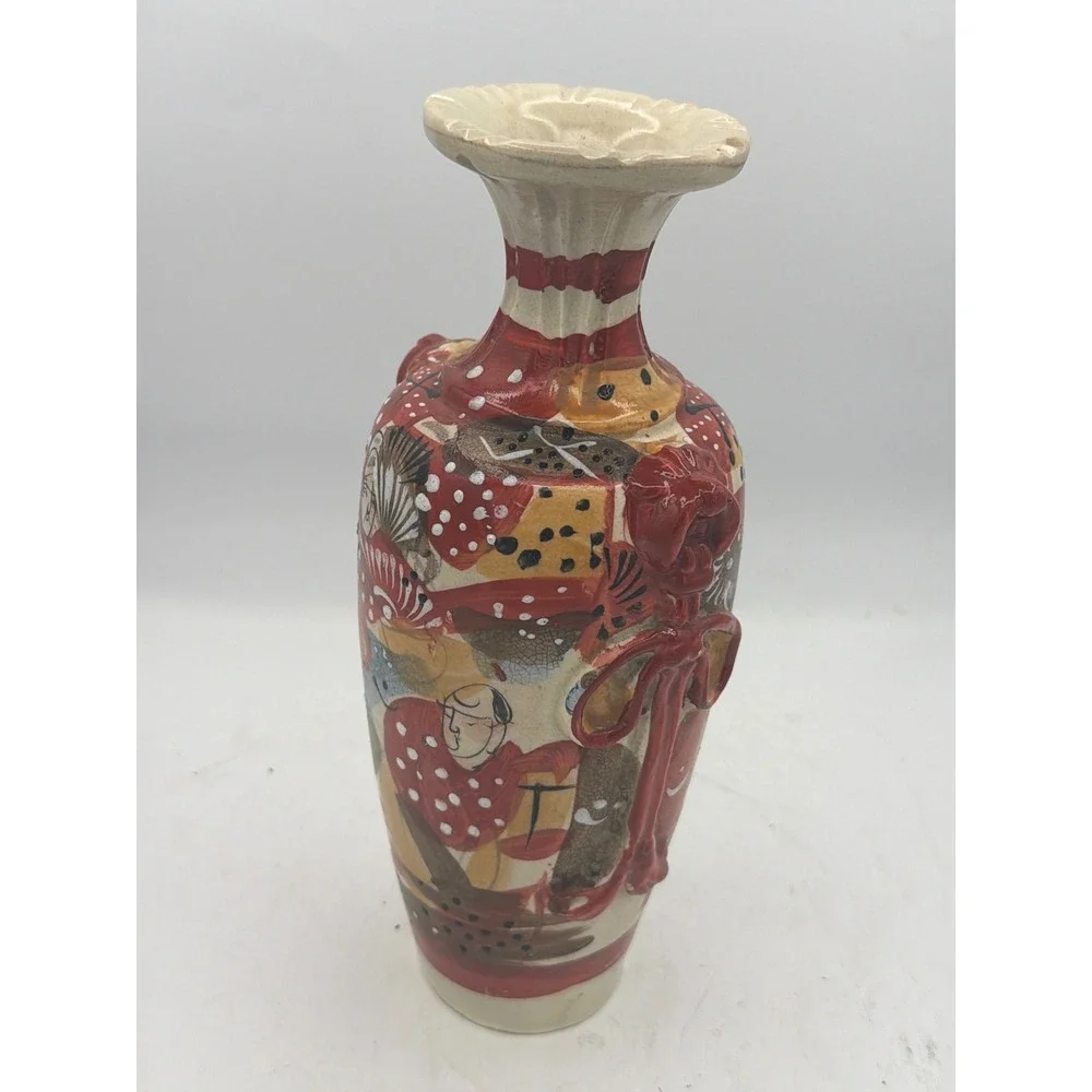 Vintage Antique Japanese Satsuma Moriage Vase Figure Samurai Warrior Earthenware